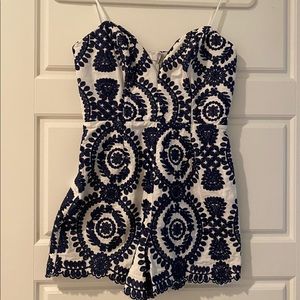Petite Bandeau Romper Navy Embroidered